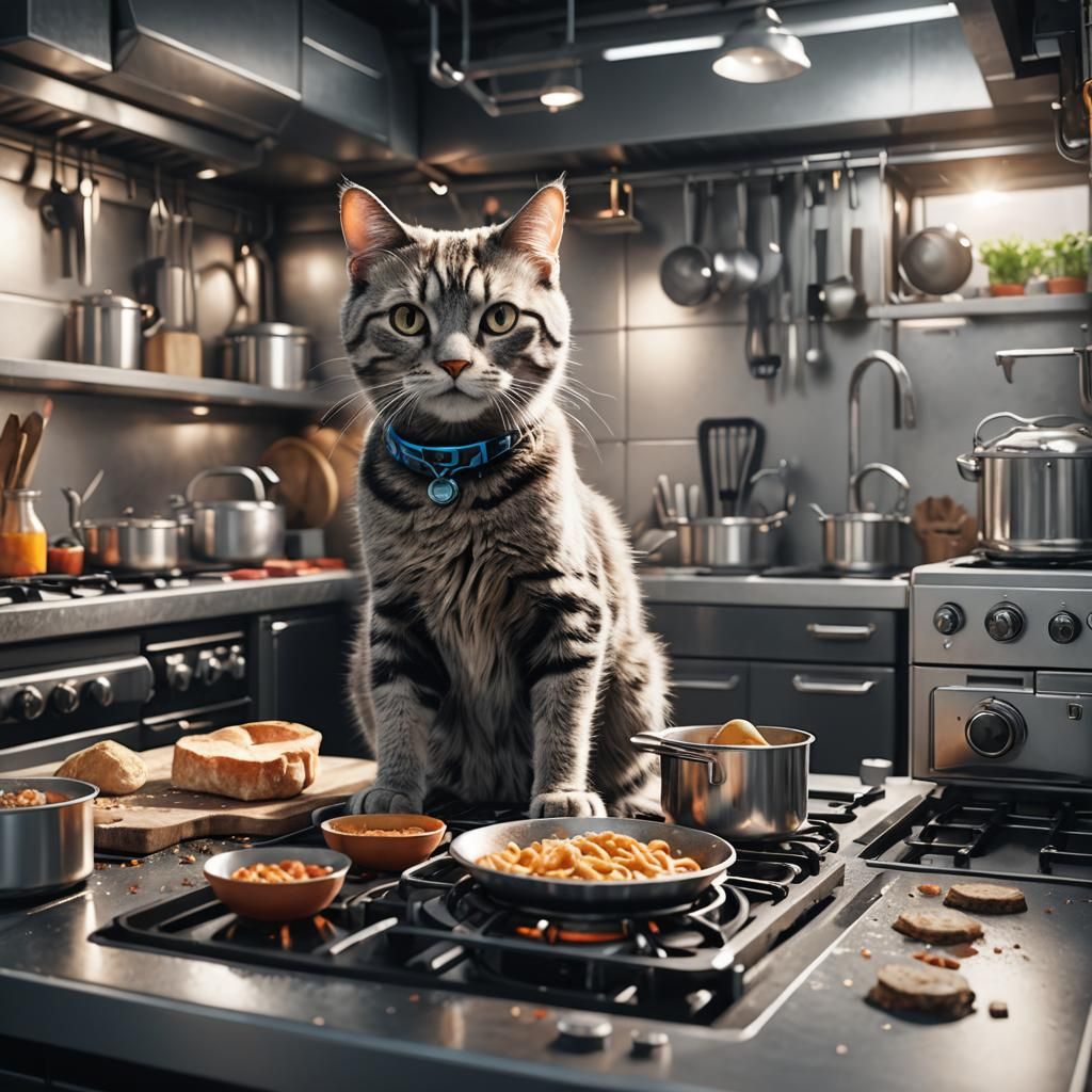 Cat cooking in a home kitchen