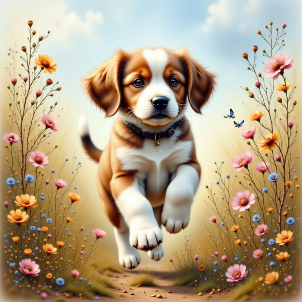 <lora:Watercolor style:1.0> An adorable puppy frolicking through a field of wildflowers