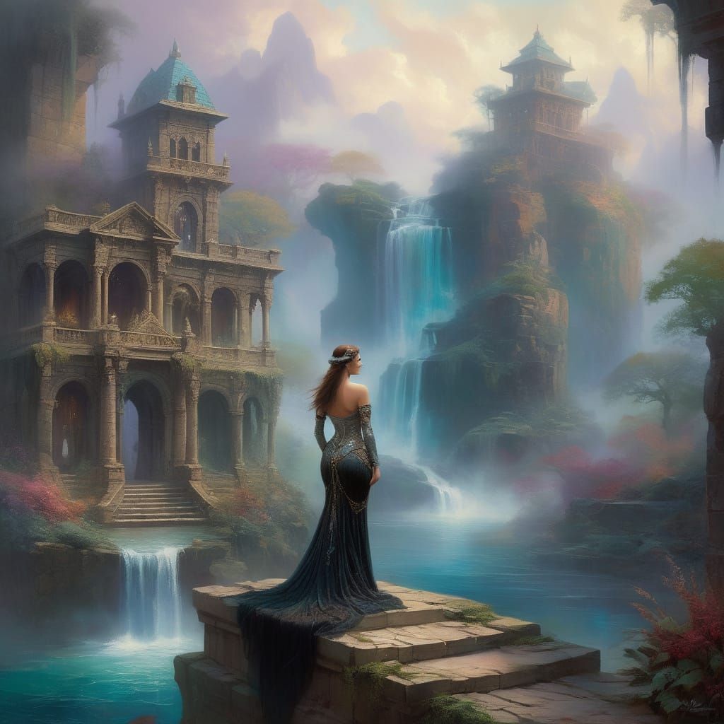 Regal Warrior Queen on Throne in Ethereal Fantasy Landscape