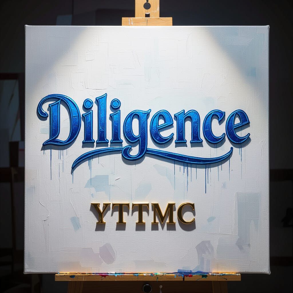 A hyperrealistic painting of a canvas with the words saying 'Diligence" with blue colours, the word meaning being diligent and never giving ...