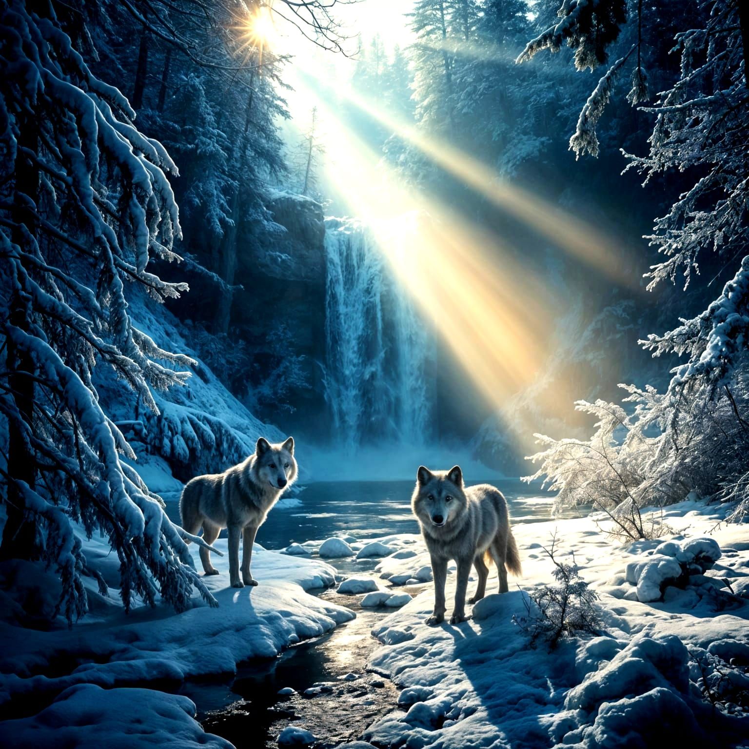 Frosted Wolves Bask in Serene Waterfall Scene