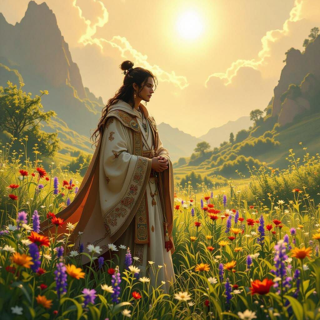 Serene Landscape with Righteous Figure in Ornate Robes