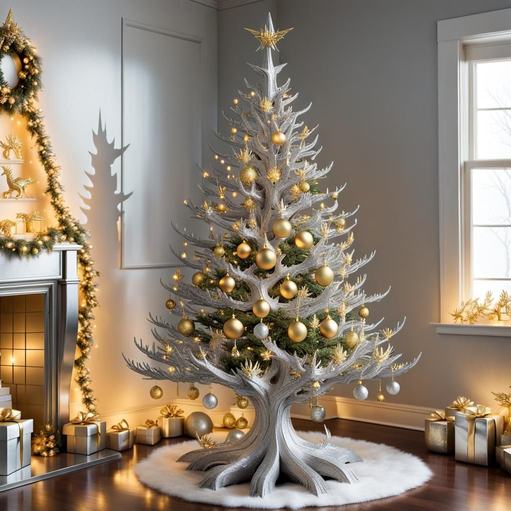 A silver Christmas tree that looks like a tree + antlers, decorated with nothing but shimmering small ...  by @Pam