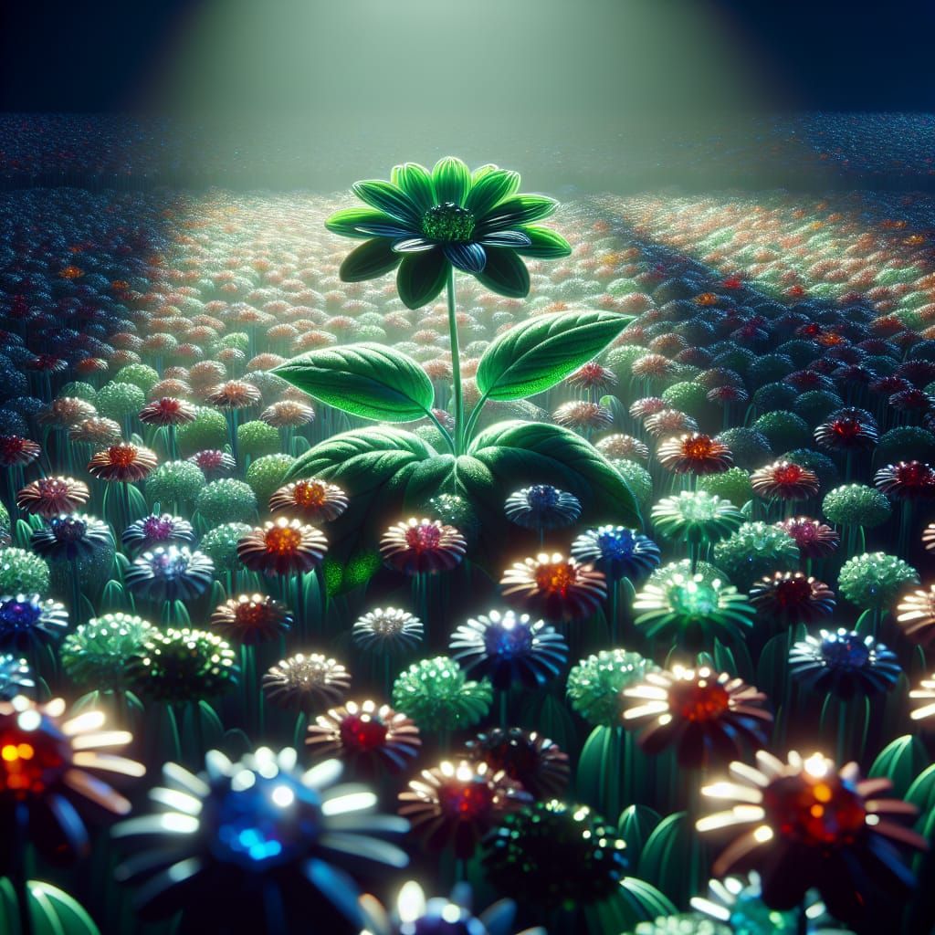 single green leaf flower among many many flowers made of jewels AI