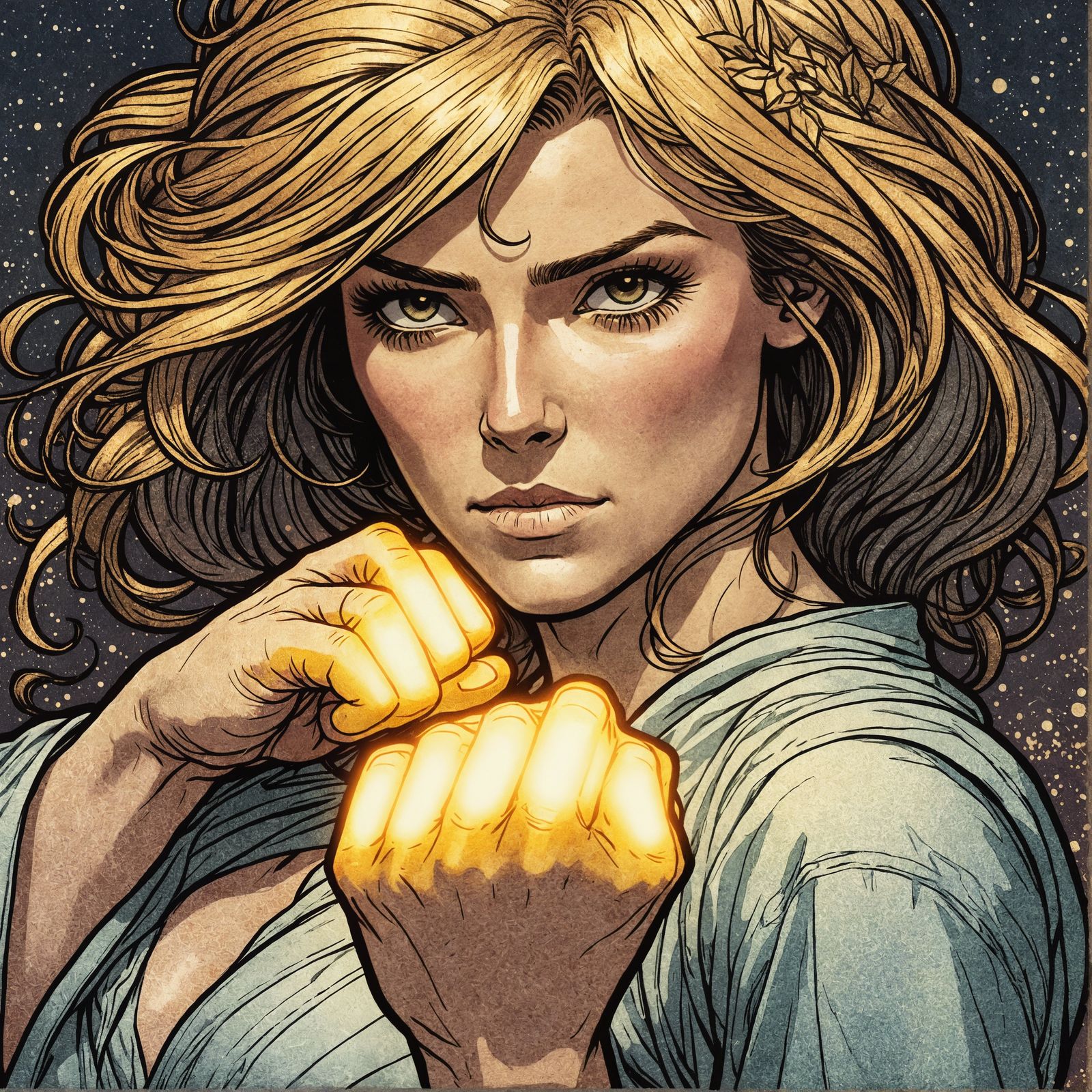 Carol Danvers, glowing fists, fusion style of Chris Riddell and Alphonse Mucha
