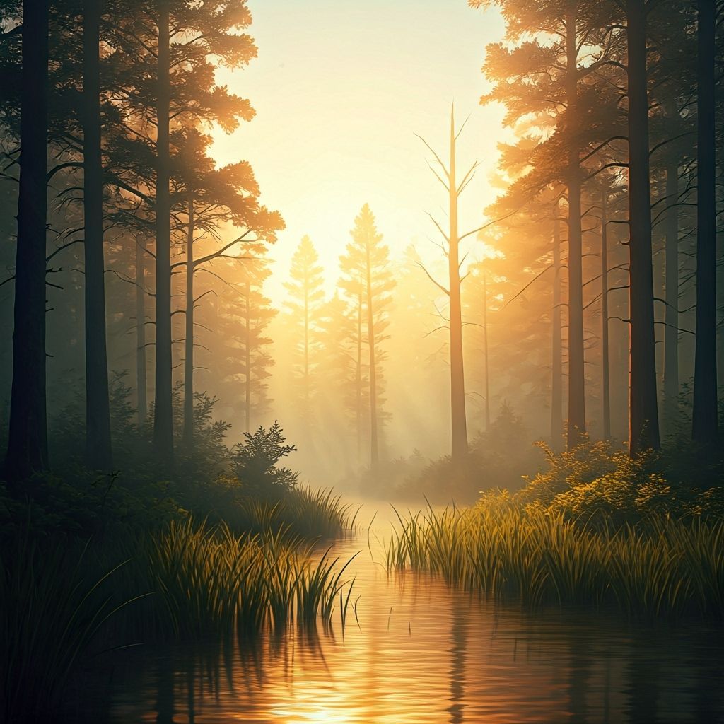 A foggy Forrest and swamp during sunrise.