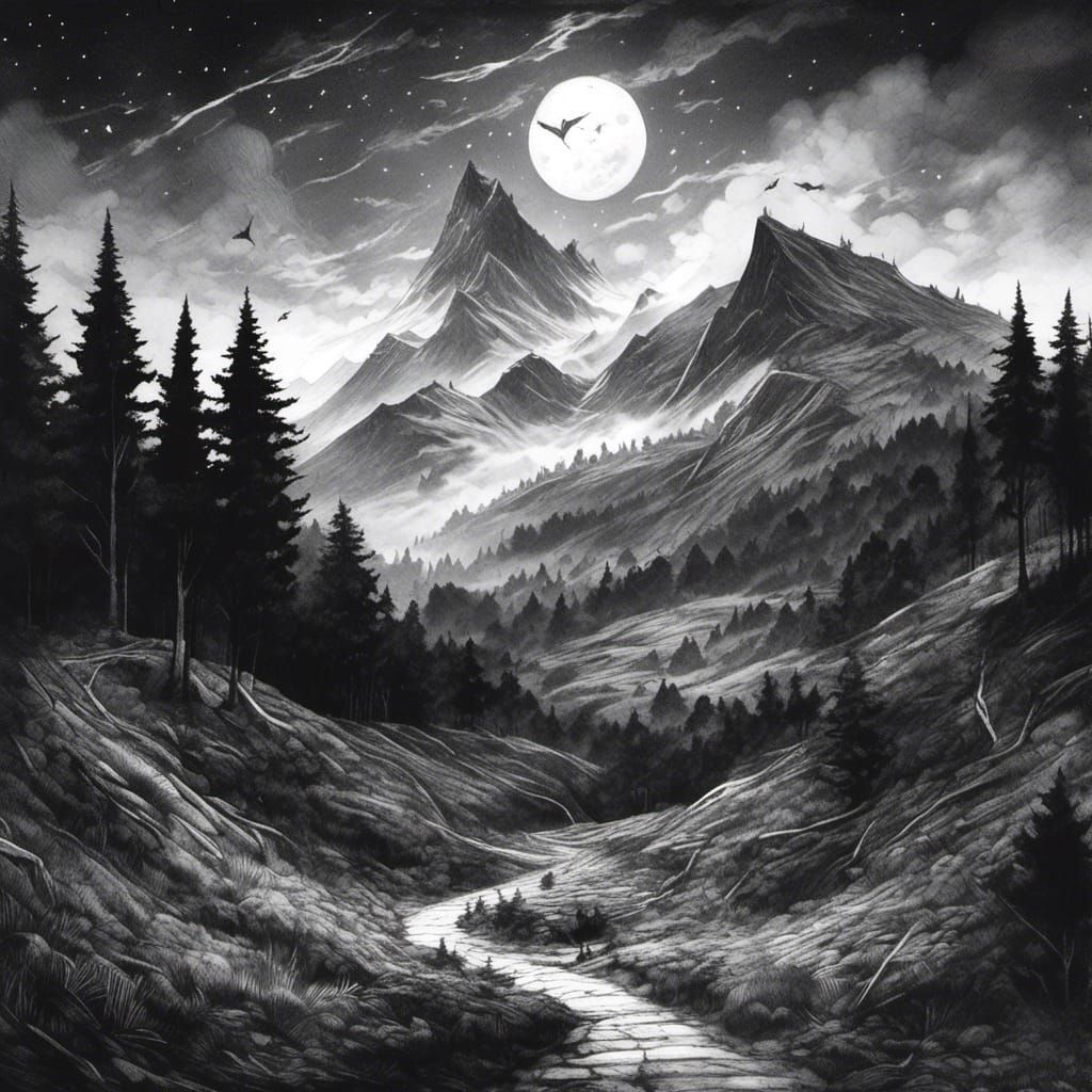 a spooky black and white charcoal and pencil drawing of the Peak ...