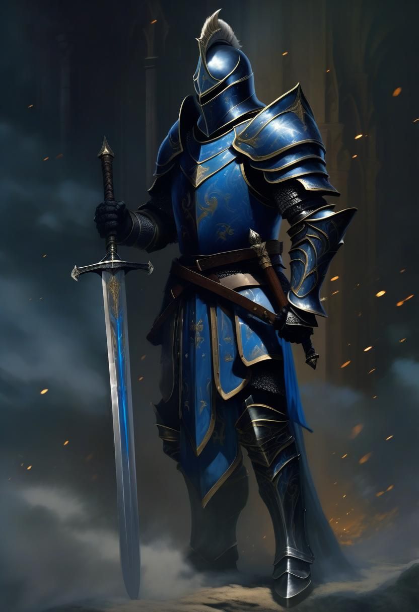Full armor Knight with a black and blue robe whielding a lon...