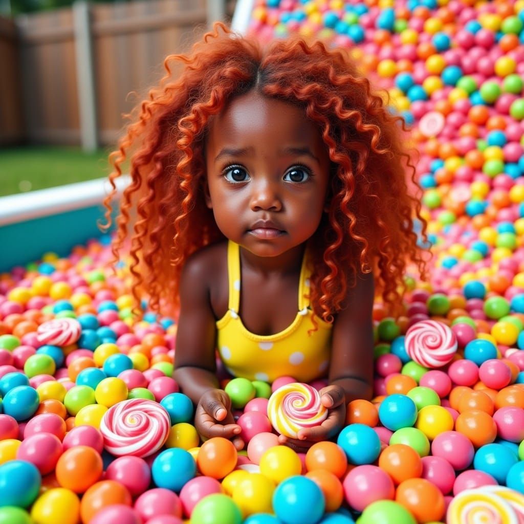 <lora:Candylike:1.0>An adorable little girl with blue eyes, dark skin, and long red curly hair is lying down in a swimming pool overflowing...