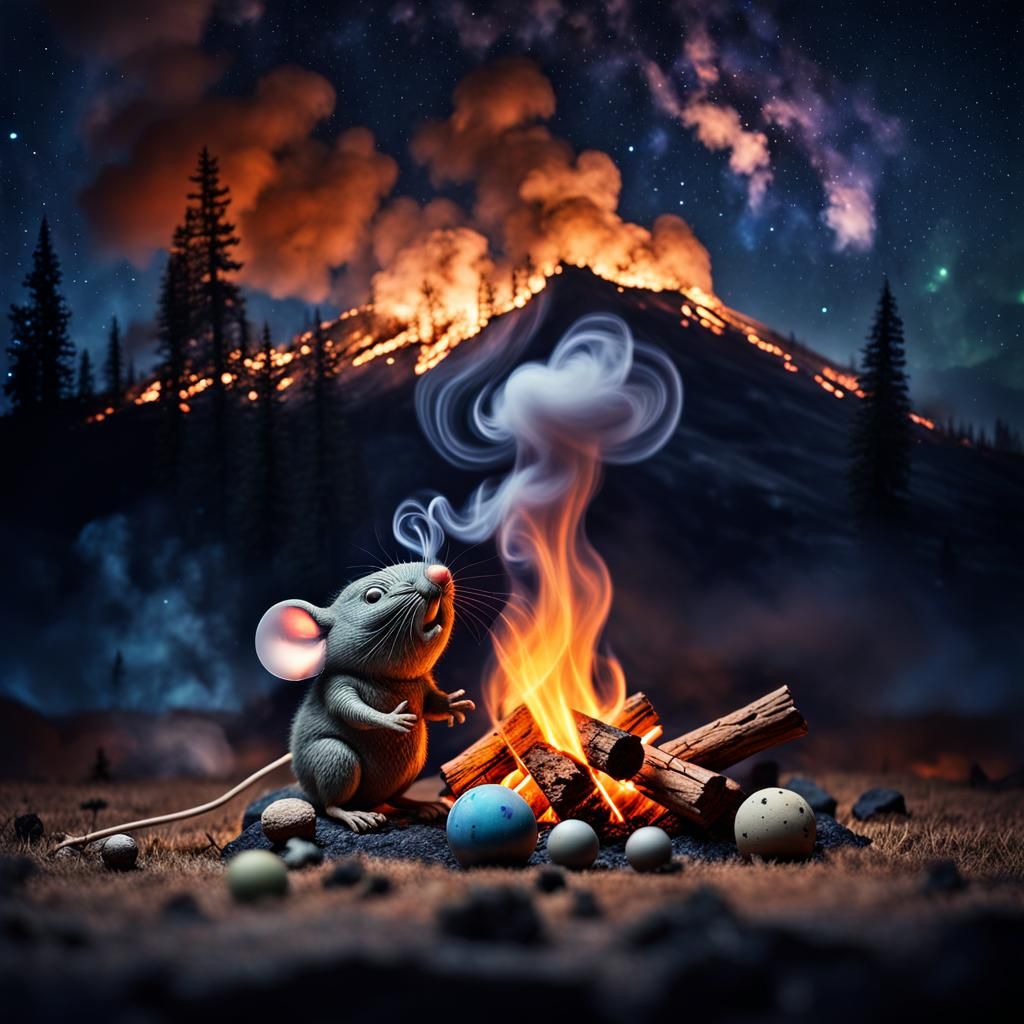 Photograph, Macro, chibi mouse made of smoke looking at smoky camp fire ...