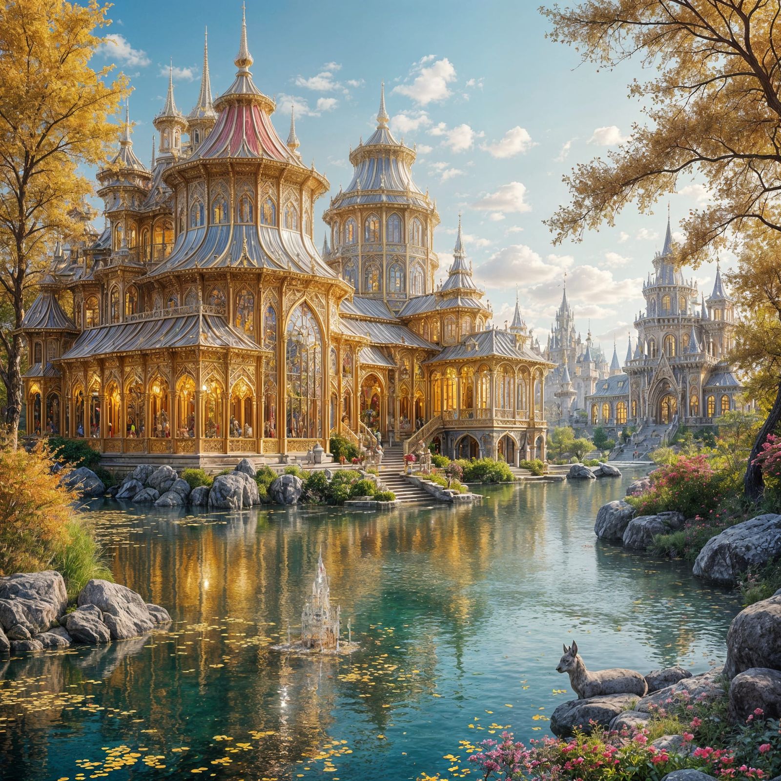 Glass Castle in Magical Autumn Garden