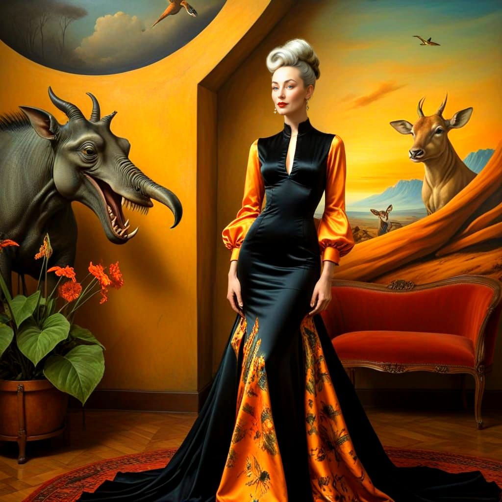 Surreal Lady with Fantastic Animals in Vibrant Colors