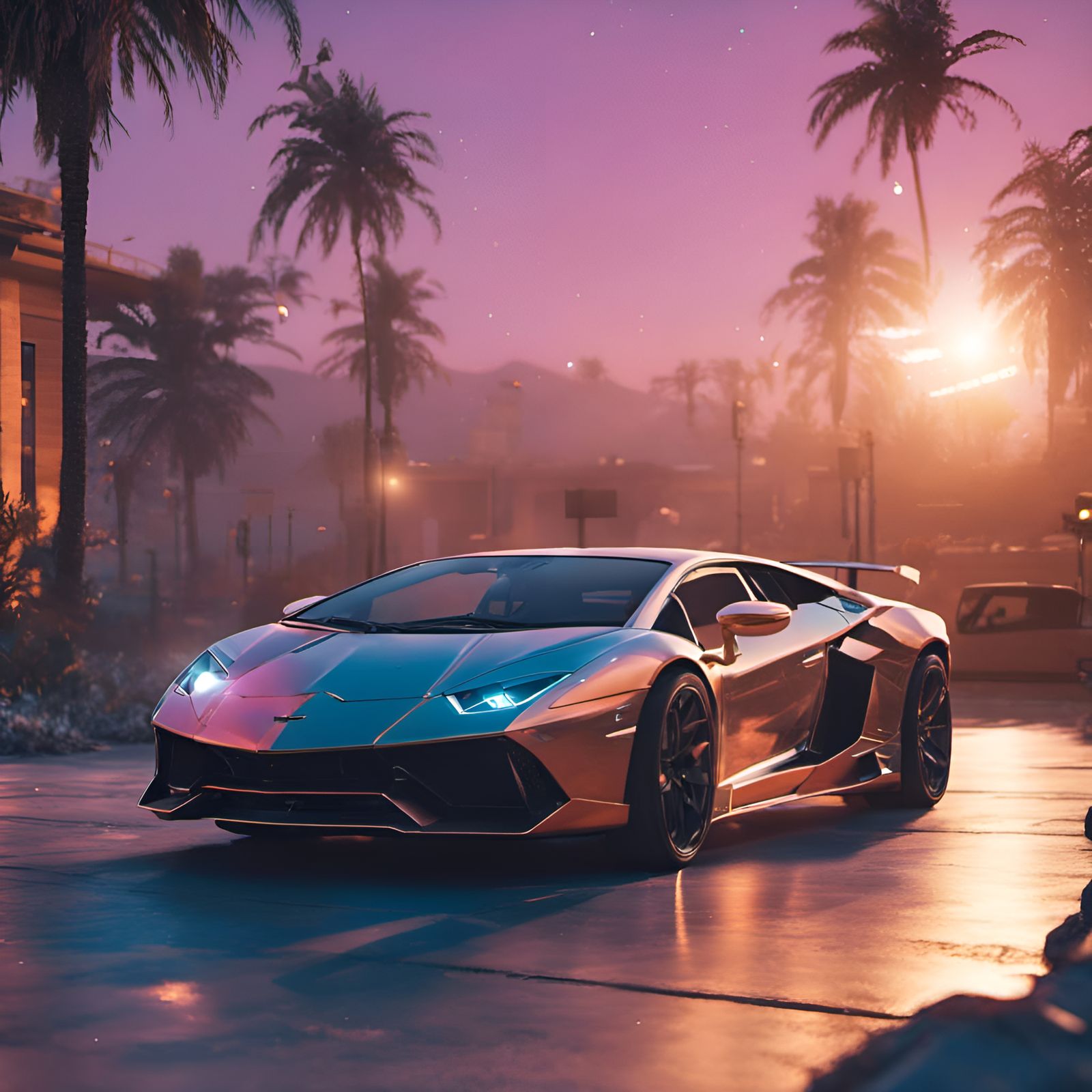 Lamborghini That Is From Gta 5 And Sunset Background - Ai Generated 