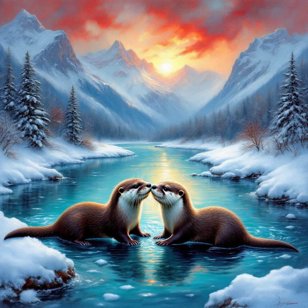 Two otters playing on the river #2