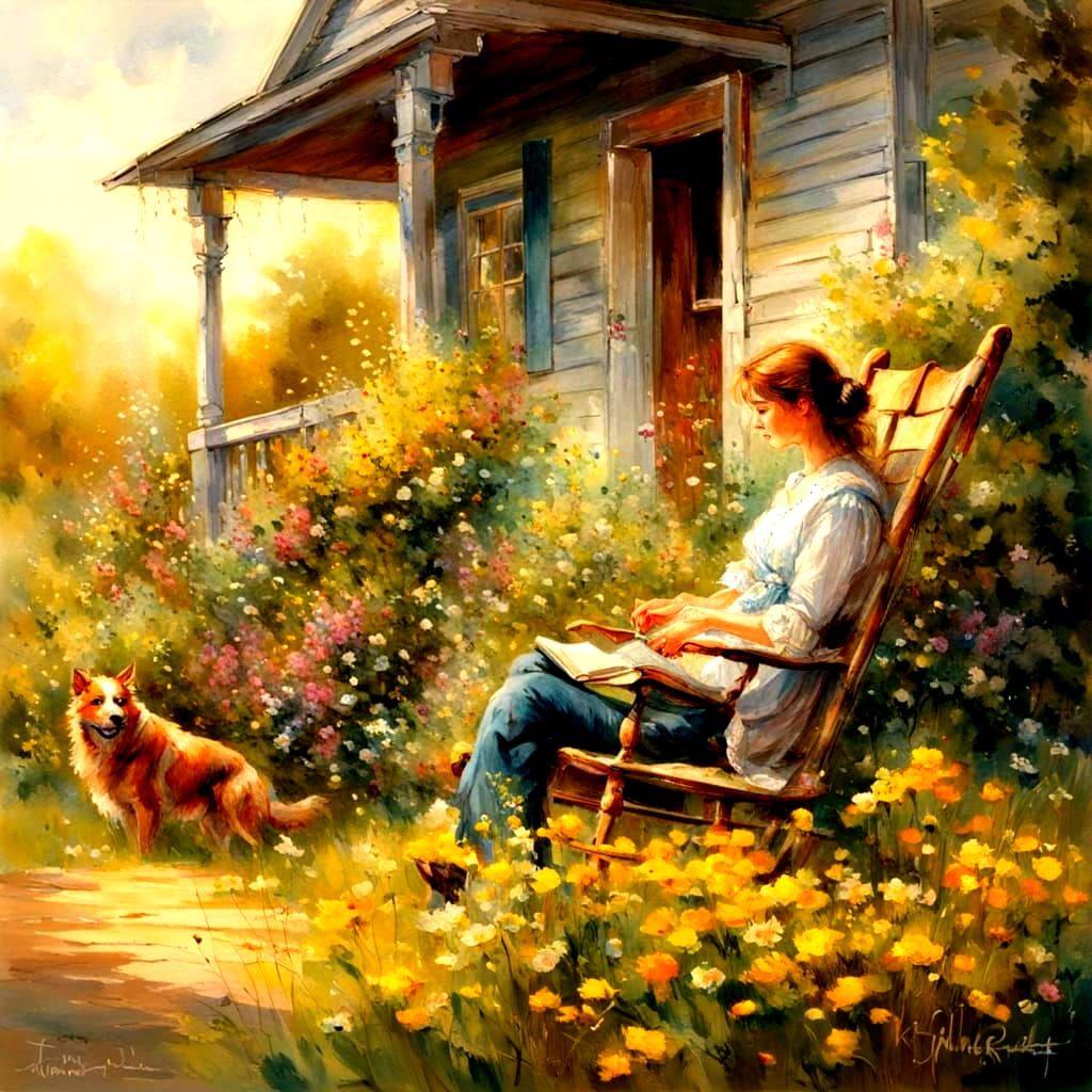 Retro Farmhouse Scene with Woman and Dog