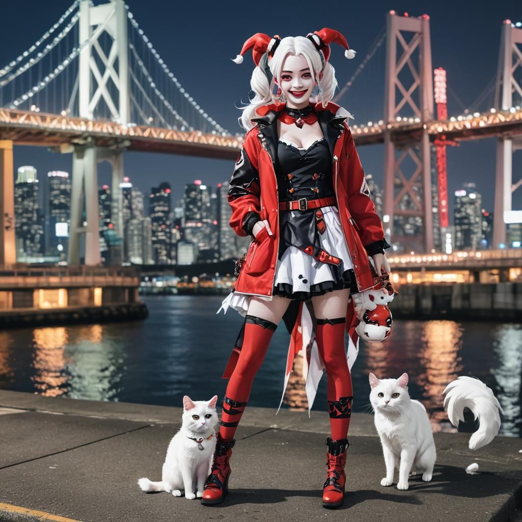 Anime Woman in Harley Quinn Cosplay with Cat
