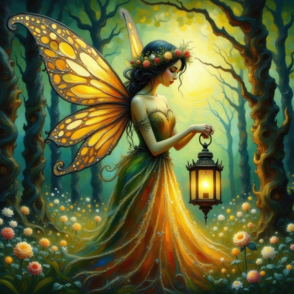  <lora:ImpastoOil Influence:1.0> a beautiful fairy in an enchanted forest with a glowing lantern 