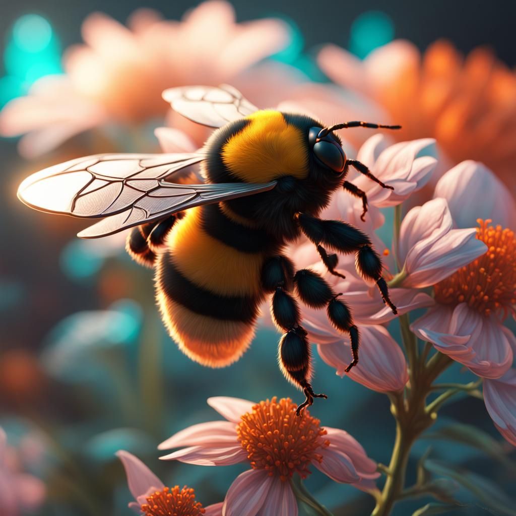 Bumblebee on Flower in Hyperdetailed Splash Art Style