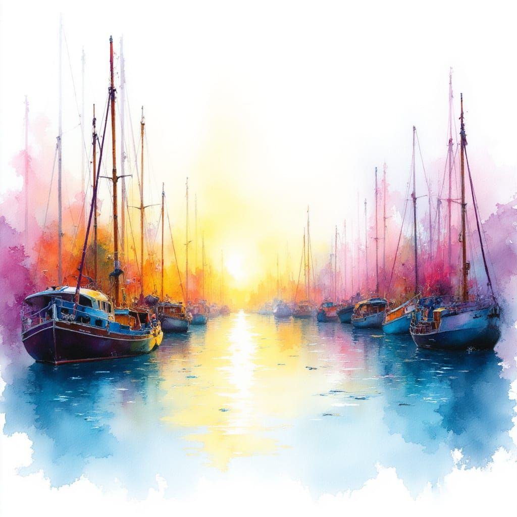 <lora:SoftWhite:1.0>  
Watercolor painting On White background, an harbor scene of boats and fish painted in radiant hues, edges fading int...
