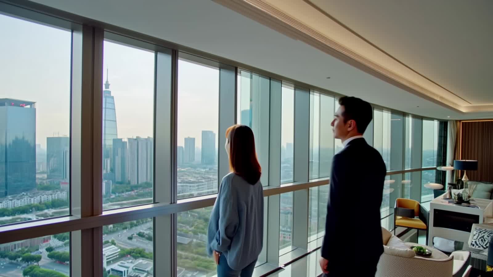 Man and woman are enjoying the view from the 127th floor apartment window over the city center. Suddenly an ugly face of...