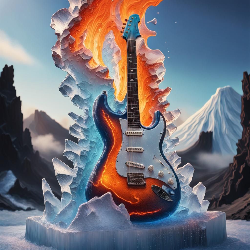 "Guitar-shaped ice sculptures inside an erupting volcano Hyp...