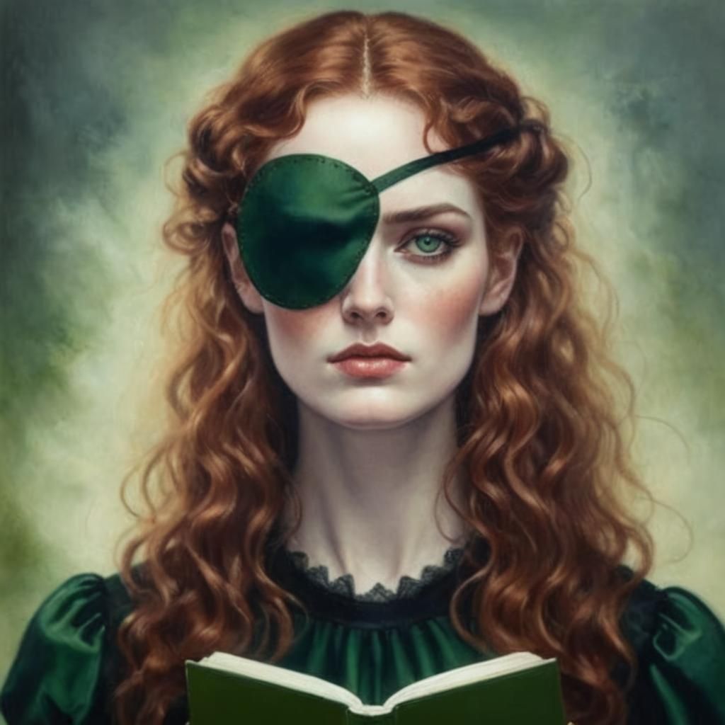 Portrait of redhaired Irish young woman wearing an dark green eyepatch and Victorian dress