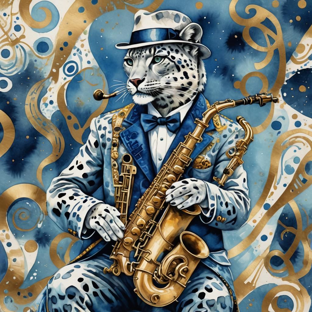 Surrealistic jazz scene. Close-up shot. A snow leopard in fedora and zootsuit    with iridescent blue and white fur plays a brass saxophone...