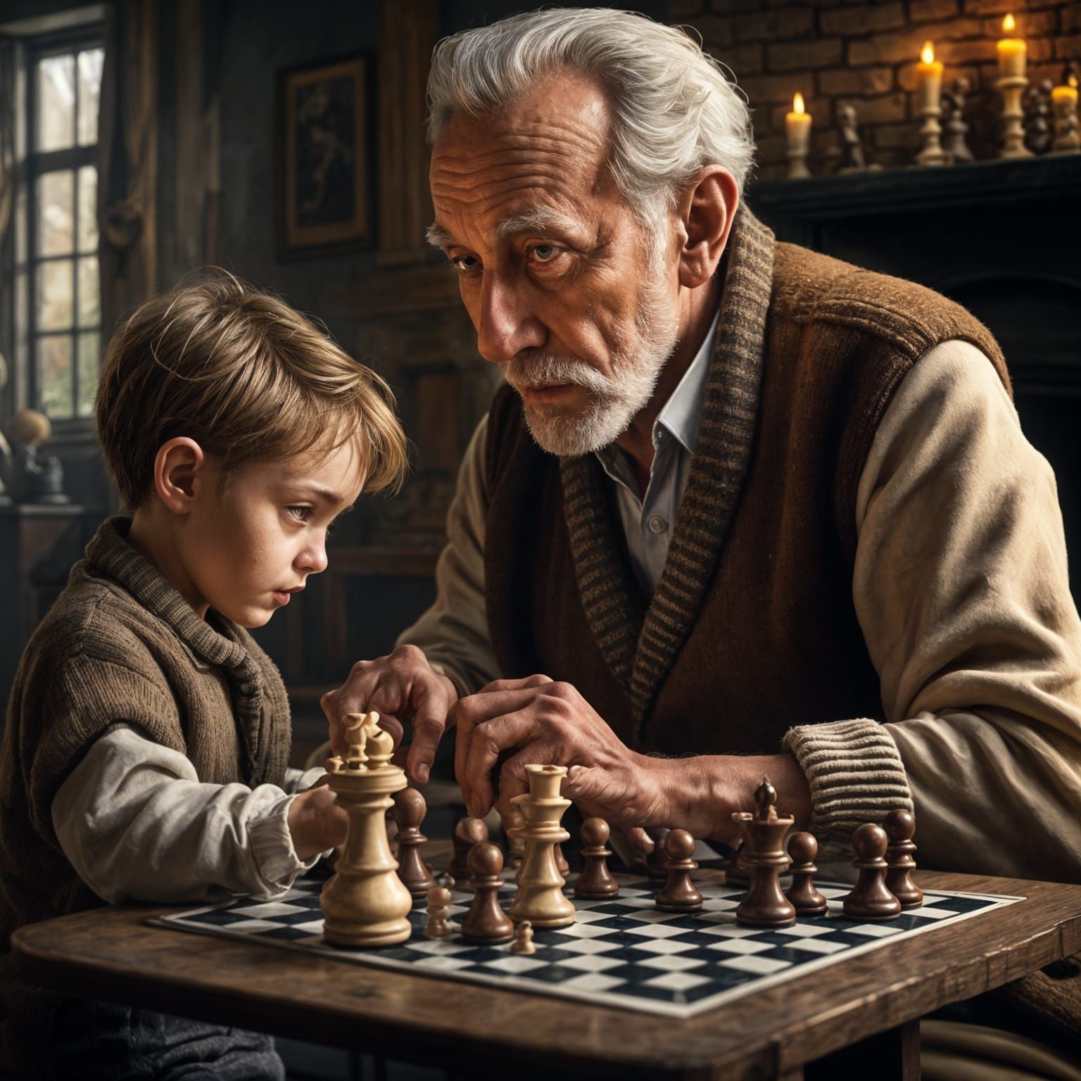 Grand father and a child play chess