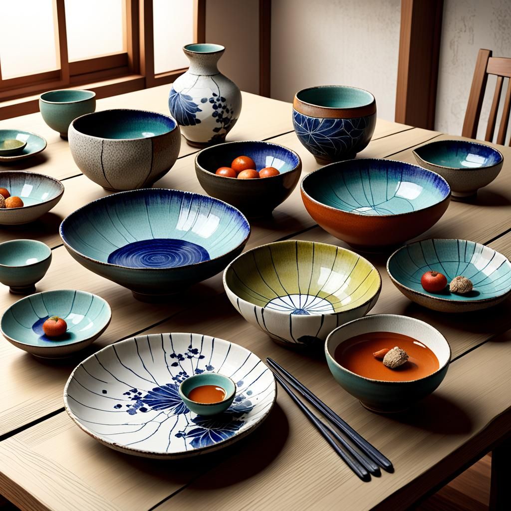 Wabi-sabi pottery dishes, cracked, irregular, uneven,