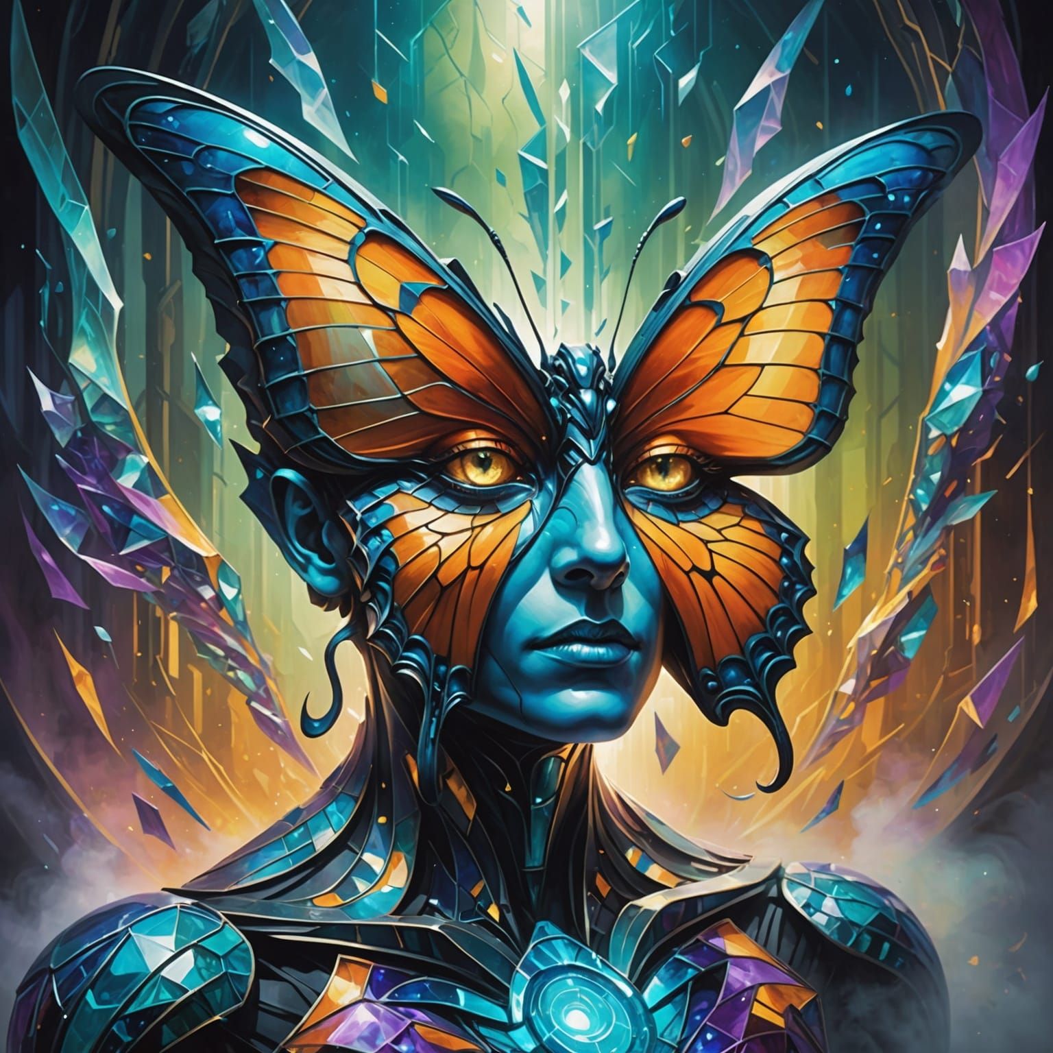 Ethereal Crystalline Metamorphosis Cubism, a butterfly entering a magical portal to an alien world, mystic fog, Reflecti...