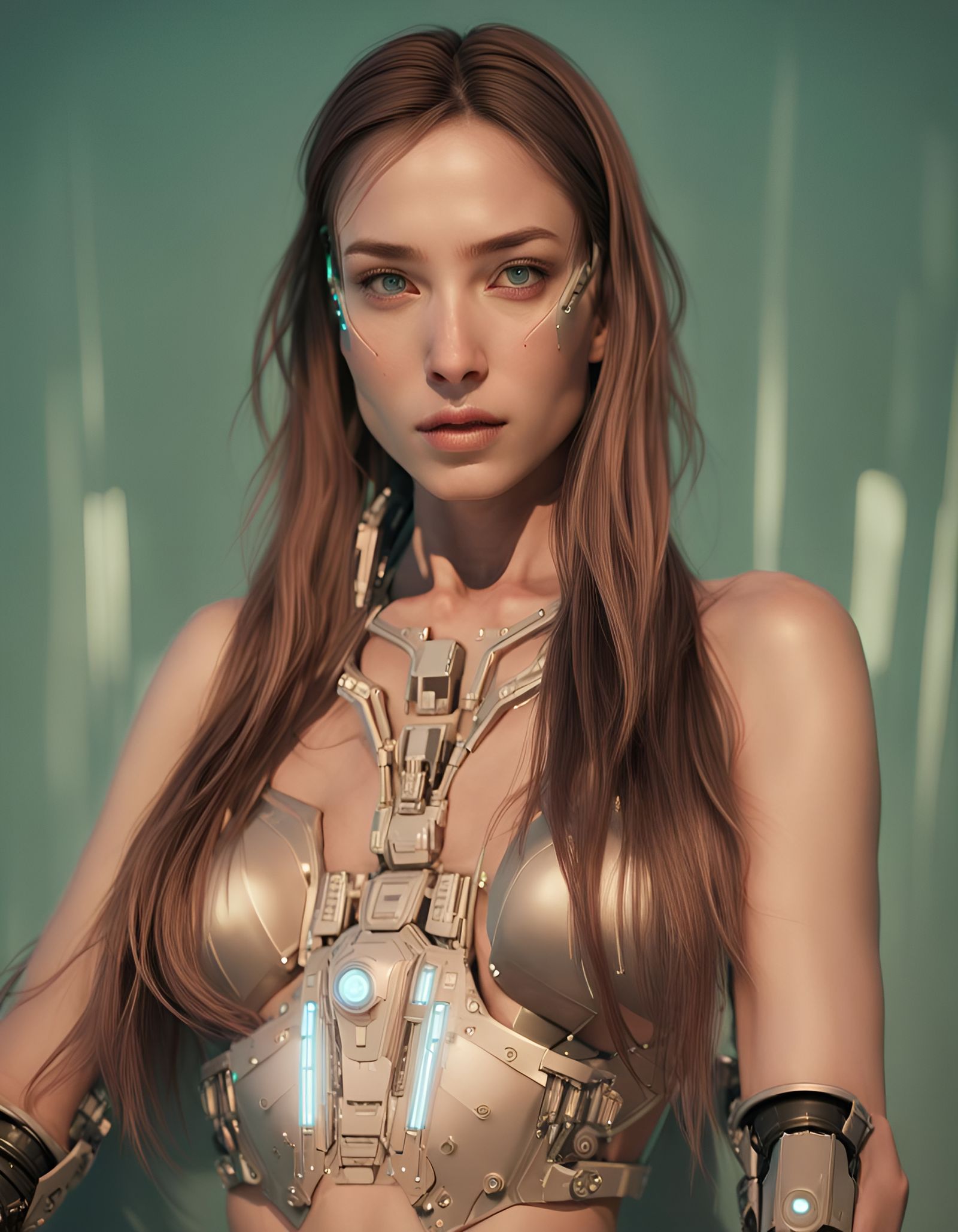 waist-up face portrait of in cybernetic armor, face visible,...