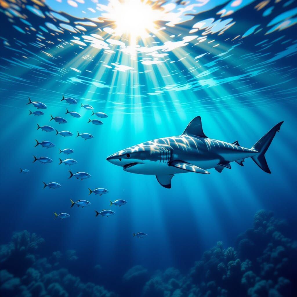 Shark and Small Fish in Hyperrealistic Digital Painting