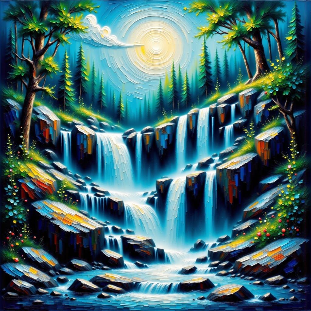 <lora:Impasto 1-01:1.0> textured impasto oil painting of waterfall at night