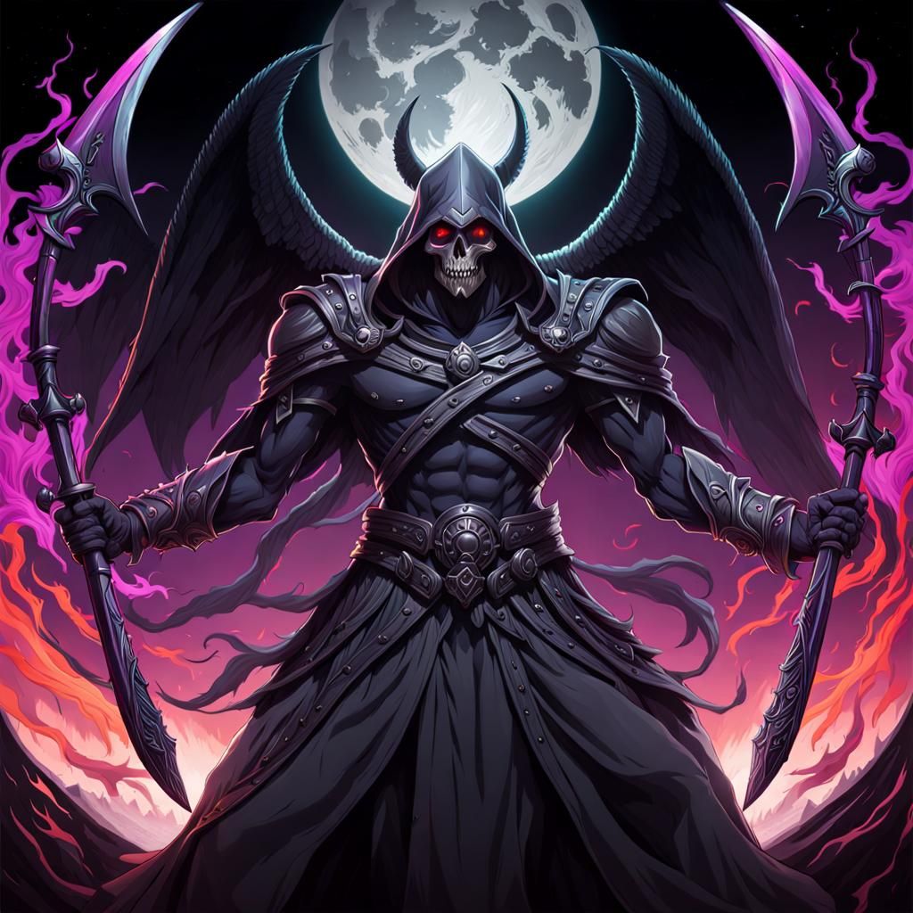 Muscular Grim Reaper curved long handle scythe inspired by Overlord