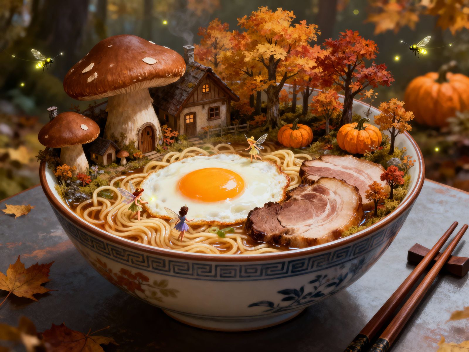 Autumn scene in a bowl of ramen  by @Summerchild