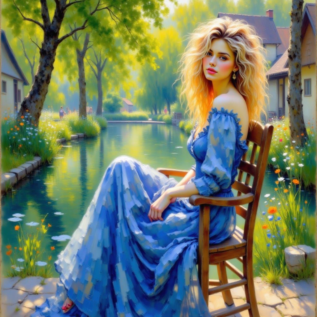 <lora:Impressionist Style:1.0> Pretty woman with messy blonde hair, wearing a flowing blue dress, sitting in a rustic chair, surrounded by l...