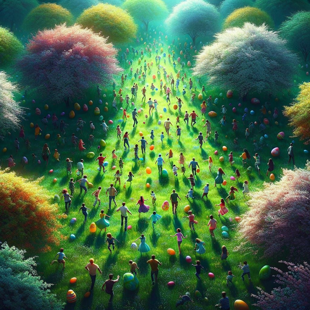 Egg hunters clad in vibrant Easter attire swarm a lush, emer...