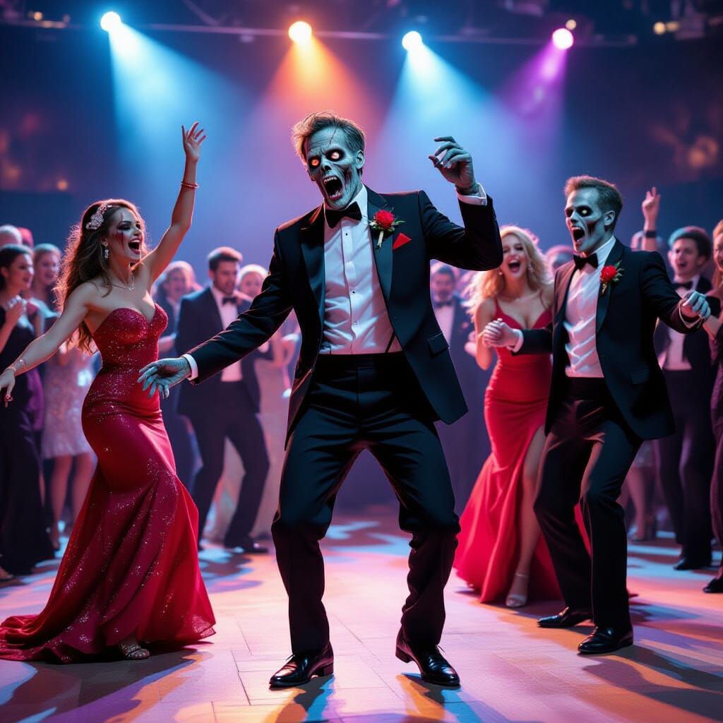 Zombies and others of the undead, dancing at the prom, vibrant