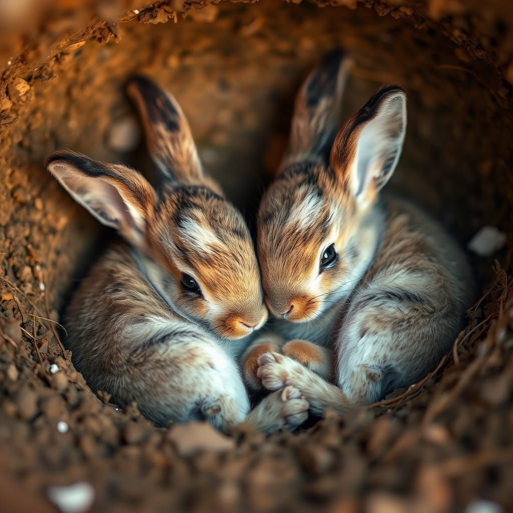 Two baby rabbits curled up in their burrow.  by @SouWesterner