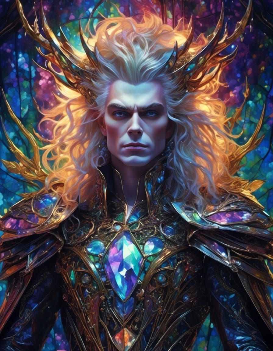 <lora:ShatteredGlass:1.0> beautiful sinister goblin king, iridescence shattered glass outfit, visually rich portrait art illustration of an...