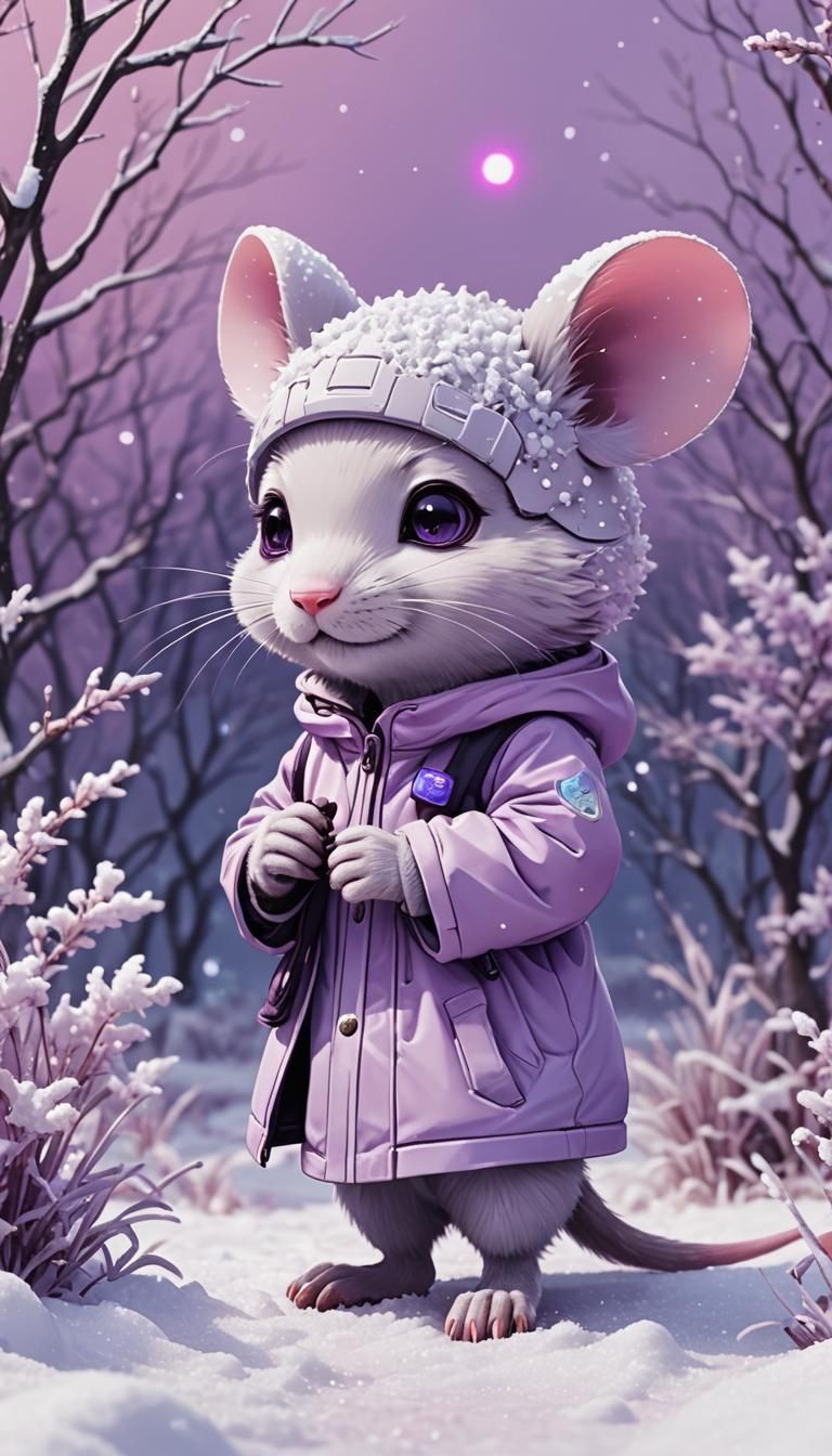 Une  mignonne souris mauve pâle dans la neige mauve  by @Ar brezhoneg