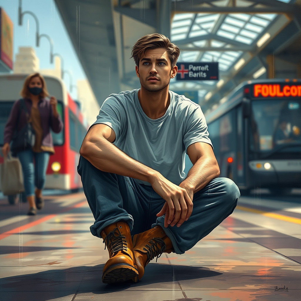 Lost young handsome man sits alone in the daytime at a busy bus depot. He looks handsome and well groomed but is wearing old jeans, doc mart...