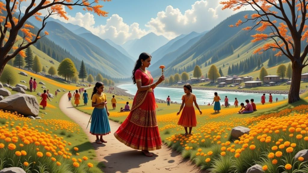 Double Exposure: Inside the Silhouette of an Indian woman happy children play by a river in a village in the Himalayas in spring, image in t...