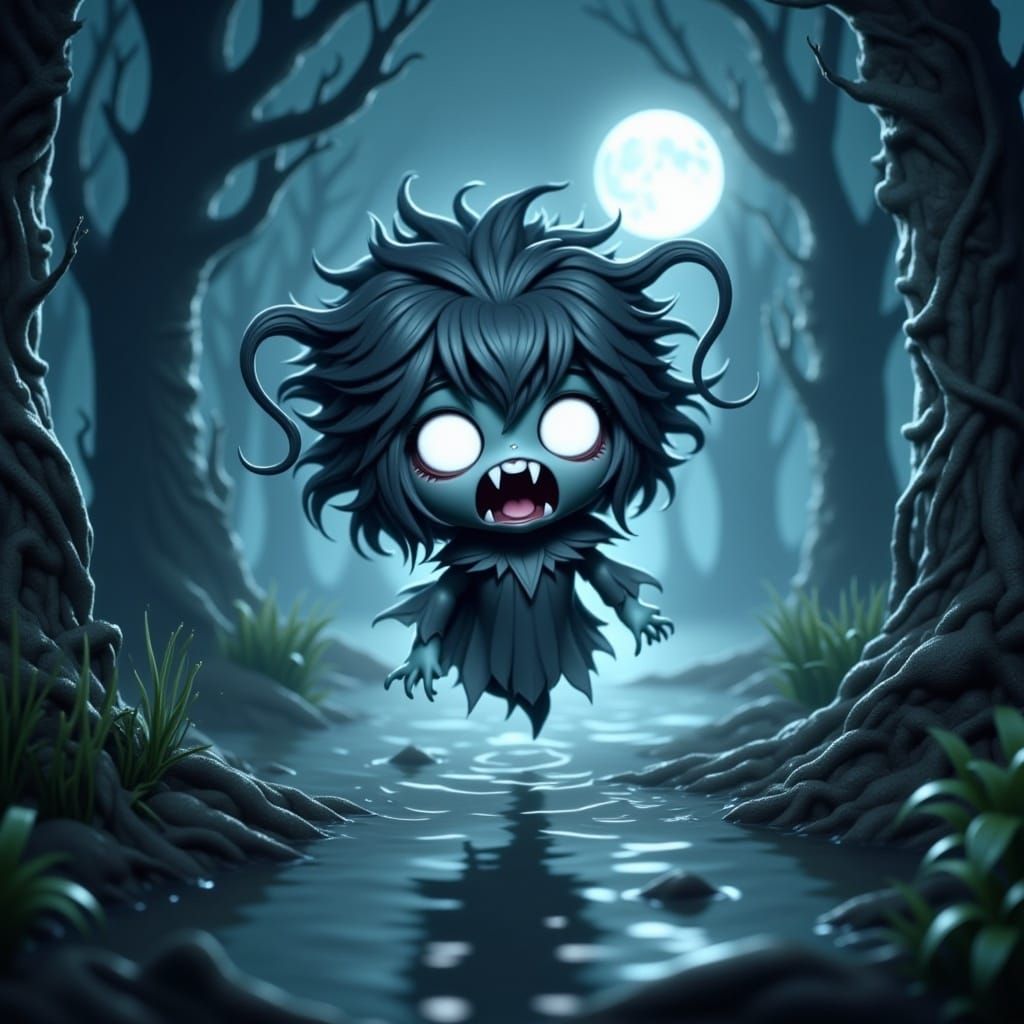 <lora:Flux Chibi:1.0> a whimsical yet eerie scene featuring a chibi-style banshee in a spooky bog at night. This tiny banshee, both adorable...