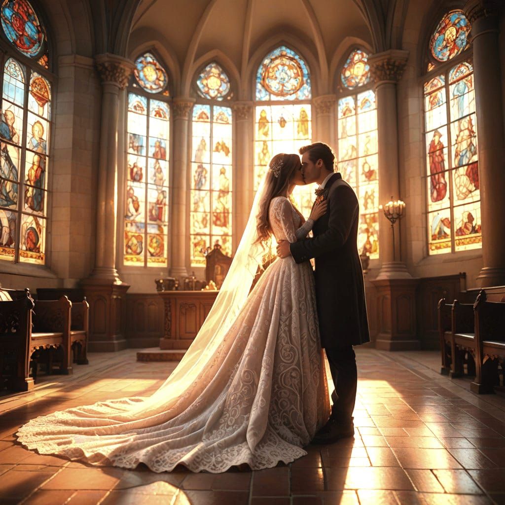 Time traveler appears between A bride and groom about to kiss 