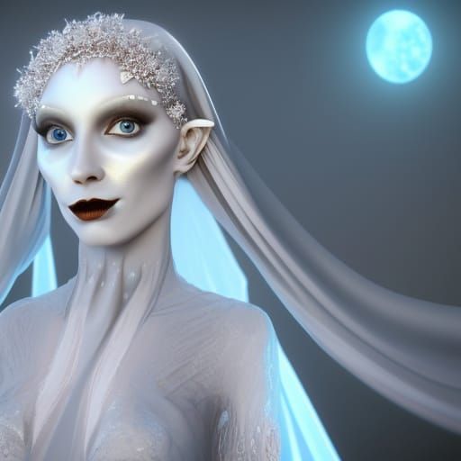 evil gray alien bride gown beautiful earrings
