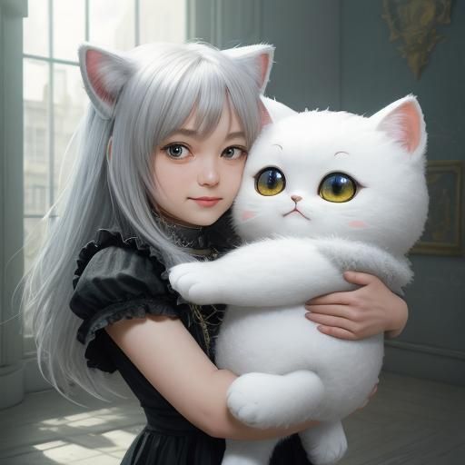 White plush toy cat being hugged by a girl (Dream Shaper V8)