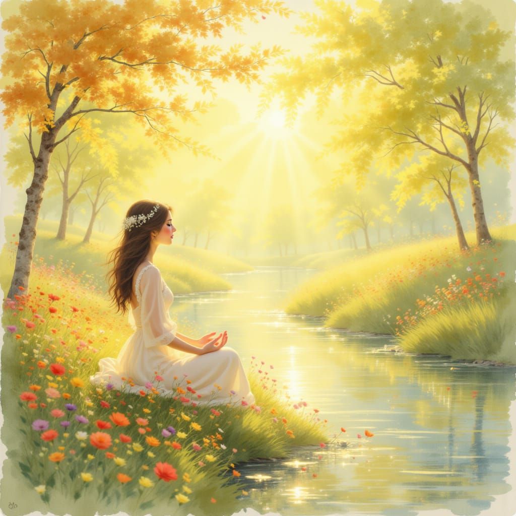  A serene tableau depicting a figure in tranquil meditation amidst a luminous, ...  by @Lis