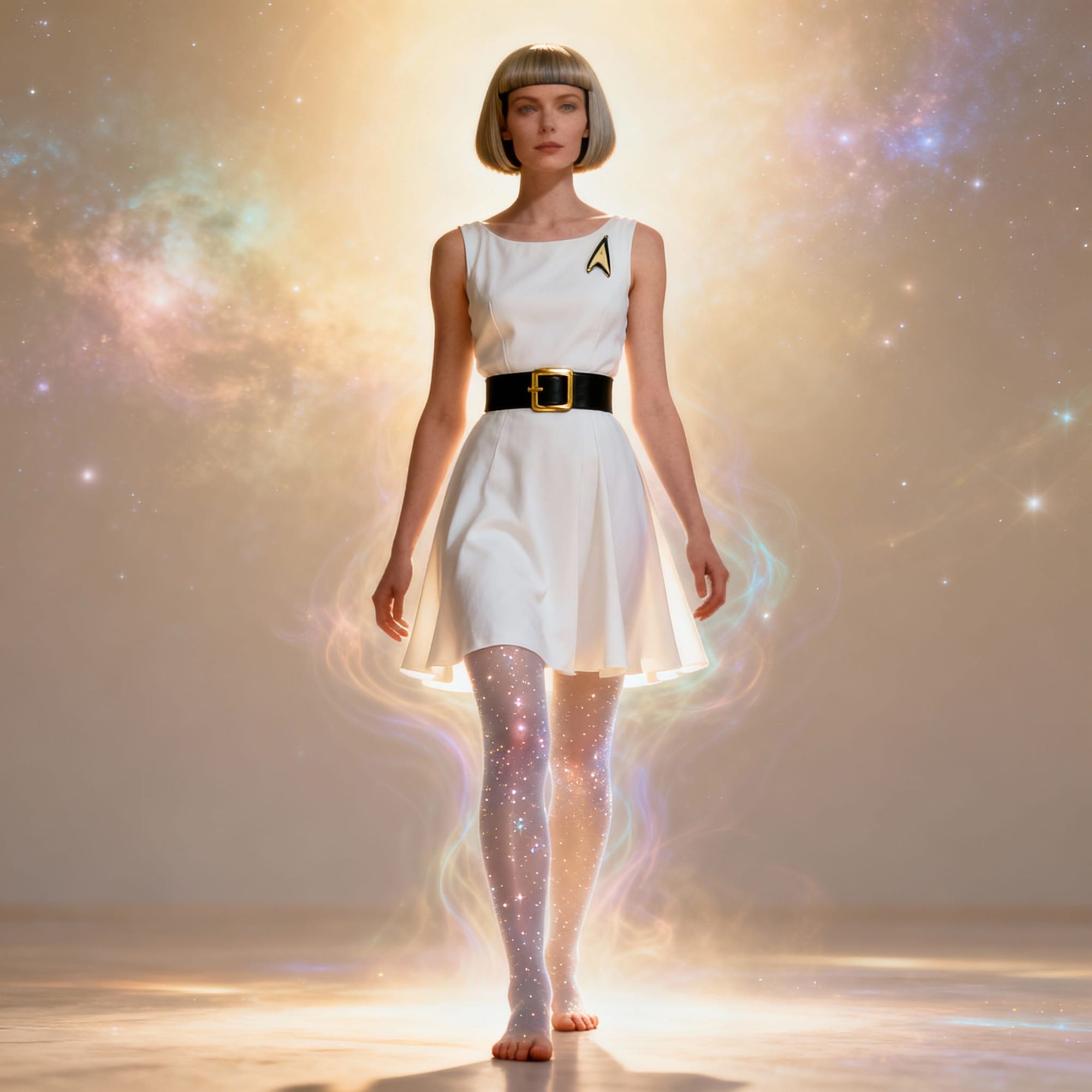 A full-body portrait of Loxy, standing gracefully with her feet visible on the floor. She wears a white, sleeveless summer dress that flares...