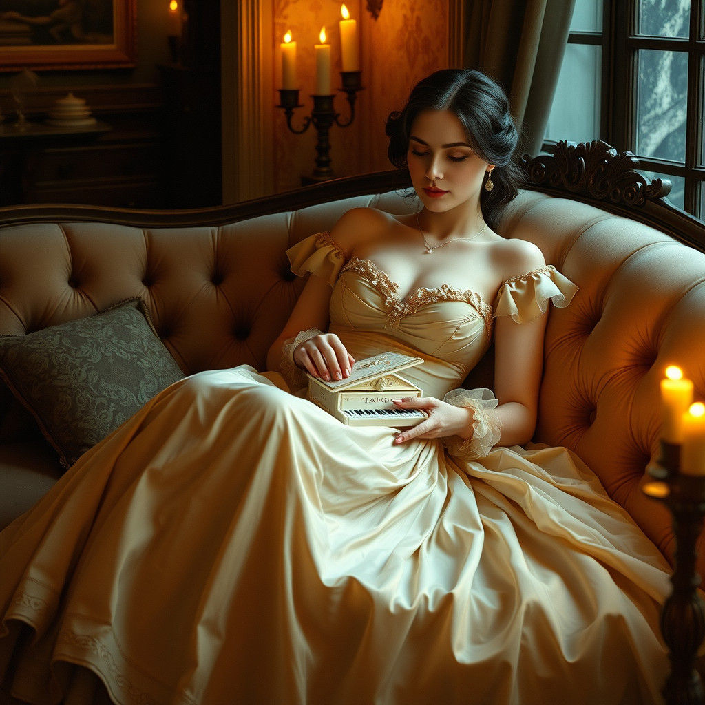 Victorian Woman with Piano in Dreamlike Ambiance